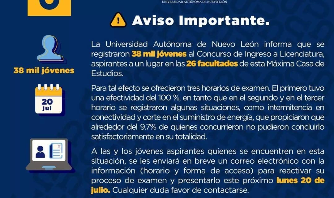 DEBIDO A INTERMITENCIA, LA UANL PRESENTA NUEVA FECHA PARA EXAMEN DE ADMISIÓN A LICENCIATURA