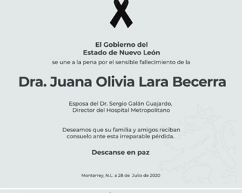 FALLECE LA DOCTORA JUANA LARA BECERRA, ESPOSA DEL DIRECTOR GENERAL DEL HOSPITAL METROPOLITANO