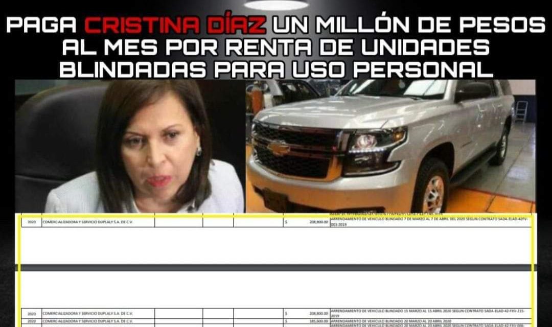 PAGA CRISTINA DÍAZ UN MILLÓN DE PESOS AL MES POR RENTA DE UNIDADES BLINDADAS PARA USO PERSONAL… ¿PUEBLO POBRE E INSEGURO, CON ALCALDESA Y FUNCIONARIOS RICOS Y SEGUROS?