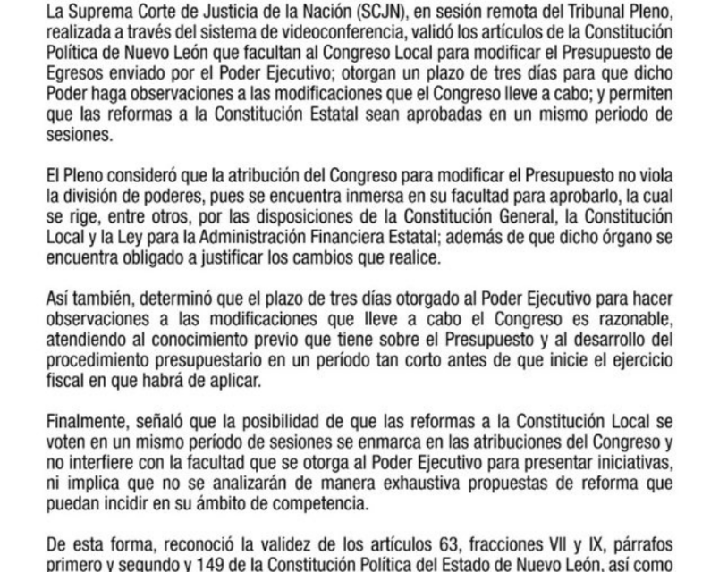 HASTA QUE DA UNA EL CONGRESO LOCAL. SUPREMA CORTE DE JUSTICIA LE DA LA RAZÓN RESPECTO A LA CONTROVERSIA CONSTITUCIONAL DE MODIFICAR EL PRESUPUESTO DE EGRESOS