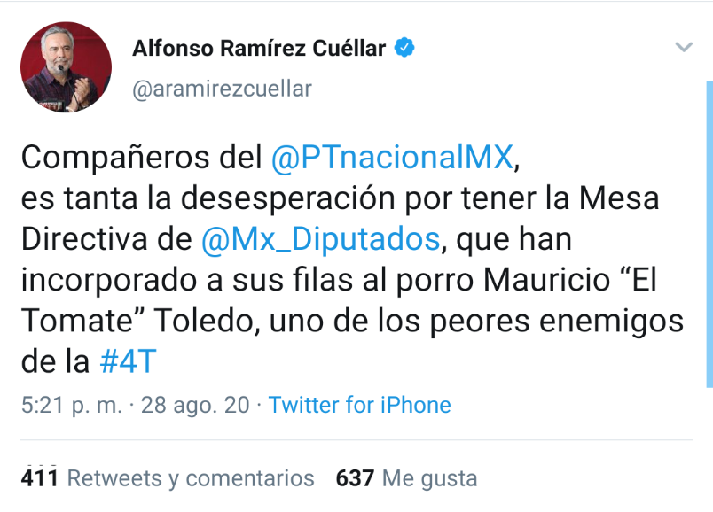 RAMÍREZ CUELLAR, EL TODAVÍA PRESIDENTE DE MORENA, DICE QUE PT EN LA CÁMARA DE DIPUTADOS ESTA ACTUANDO DE MANERA DESESPERADA AL SUMAR LEGISLADORES A SU BANCADA ¿LE HABRÁN AVISADO QUE LOS PARTIDOS VAN EN COALICIÓN?<br>