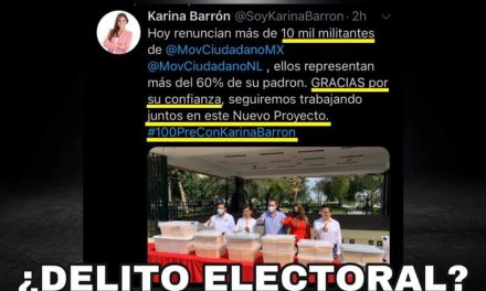 DIPUTADA KARINA BARRÓN AL LÍMITE DE CONVERTIRSE EN DELINCUENTE ELECTORAL, ANUNCIA “RENUNCIA” DE 10 MIL AFILIADOS A MC Y SU ADHESIÓN A SU NUEVO PARTIDO, OJALÁ LEA LISTADO DE ILÍCITOS EN QUE PUEDE INCURRIR CON ESE PROCESO ¡DE NADA!