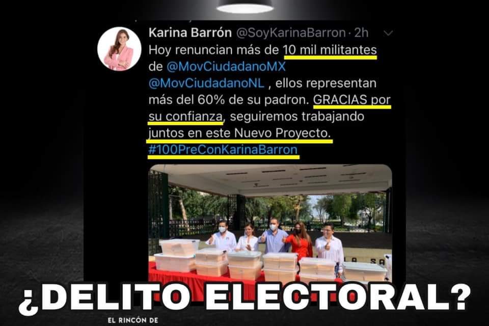 DIPUTADA KARINA BARRÓN AL LÍMITE DE CONVERTIRSE EN DELINCUENTE ELECTORAL, ANUNCIA “RENUNCIA” DE 10 MIL AFILIADOS A MC Y SU ADHESIÓN A SU NUEVO PARTIDO, OJALÁ LEA LISTADO DE ILÍCITOS EN QUE PUEDE INCURRIR CON ESE PROCESO ¡DE NADA!