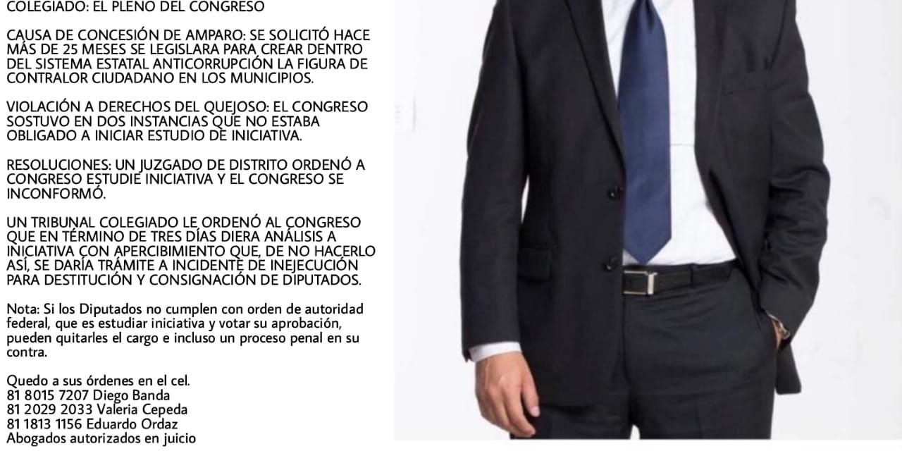 SIGUEN LOS DOLORES DE CABEZA PARA CONGRESO DEL ESTADO, EL EX DIPUTADO LOCAL FRANCISCO BUSTILLOS LE GANA UNA MÁS AL H. CONGRESO DEL ESTADO DE NUEVO LEON Y LOS LEGISLADORES CORREN RIESGO DE PERDER HASTA EL CARGO