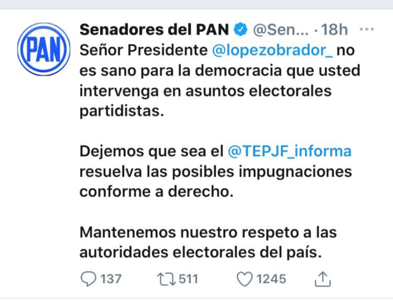 SENADORES DEL PAN, DISGUSTADOS CON LA INTERVENCIÓN DE AMLO, PIDEN AL PRESIDENTE QUE NO SE ENTROMETA EN ASUNTOS ELECTORALES PARTIDISTAS