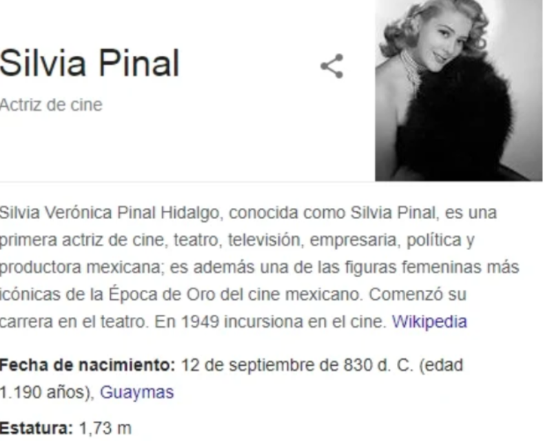 SEGÚN GOOGLE, SILVIA PINAL TIENE 1,190 AÑOS DE EDAD