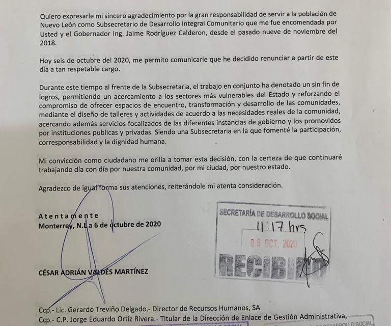 RENUNCIA CÉSAR VALDÉS COMO SUBSECRETARIO DE DESARROLLO INTEGRAL COMUNITARIO. VA POR LA ALCALDÍA DEL MUNICIPIO DE GARCÍA NUEVO LEÓN COMO INDEPENDIENTE