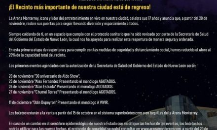 POCO A POCO LOS SECTORES VAN REABRIENDO. ARENA MONTERREY ANUNCIA SU REAPERTURA