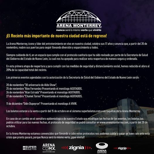 POCO A POCO LOS SECTORES VAN REABRIENDO. ARENA MONTERREY ANUNCIA SU REAPERTURA