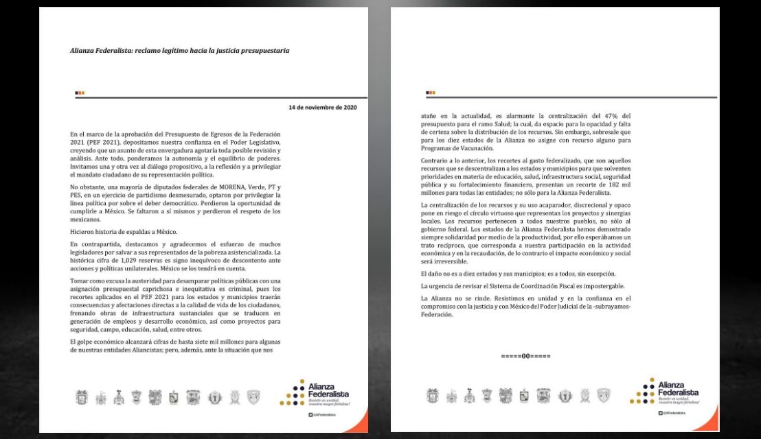 ‘’PERDIERON LA OPORTUNIDAD DE CUMPLIRLE A MÉXICO’’; ALIANZA FEDERALISTA CONTINÚA REPROCHANDO A DIPUTADOS FEDERALES LA APROBACIÓN DEL PEF 2021