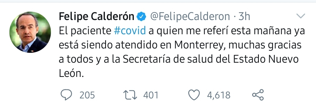 FELIPE CALDERÓN PIDE AYUDA EN TWITTER POR UN PACIENTE GRAVE CON COVID EN NL, Y ES ATACADO POR USUARIOS ACUSÁNDOLO DE HABER DEJADO EN MAL ESTADO LOS HOSPITALES TRAS SU SEXENIO