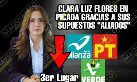 EL PRECIO QUE ESTÁ PAGANDO CLARA LUZ FLORES CARRALES POR IMPONER A SUS AMIGOS COMO CANDIDATOS Y PERMITIR AL VERDE, PT Y NUEVA ALIANZA, TOMAR UN BOTÍN POLÍTICO CON SUS GALLOS E IRSE<br>