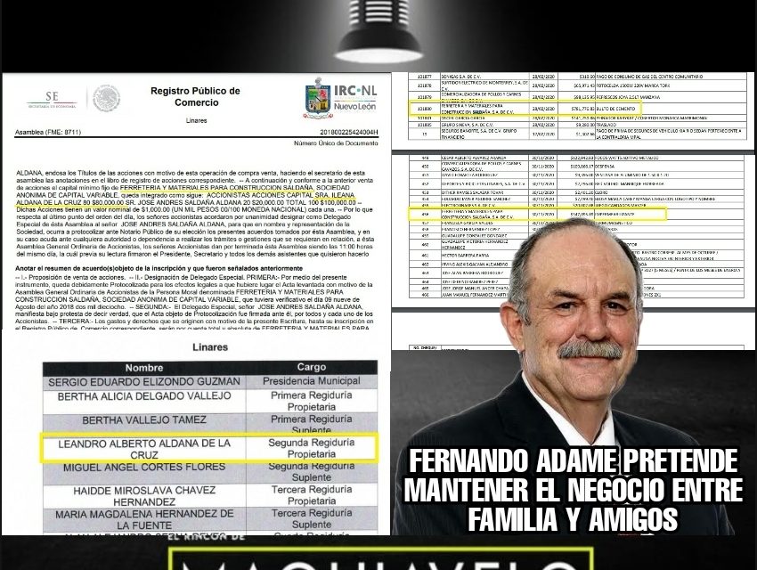 EN LINARES, FERNANDO ADAME QUE PRETENDE IMPONER A SU ALFIL SERGIO ELIZONDO DE ALCALDE, PAGÓ SIETE MILLONES DE PESOS A NEGOCIO DE FAMILIA DE QUIEN AHORA ES CANDIDATO A REGDIOR DEL PAN ¡SUERTUDOTES!