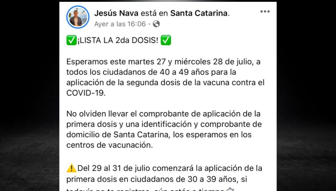 INVITA ALCALDE ELECTO DE SANTA CATARINA JESÚS NAVA A VACUNARSE CONTRA EL COVID A LOS  ADULTOS Y JÓVENES DEL MUNICIPIO <br>