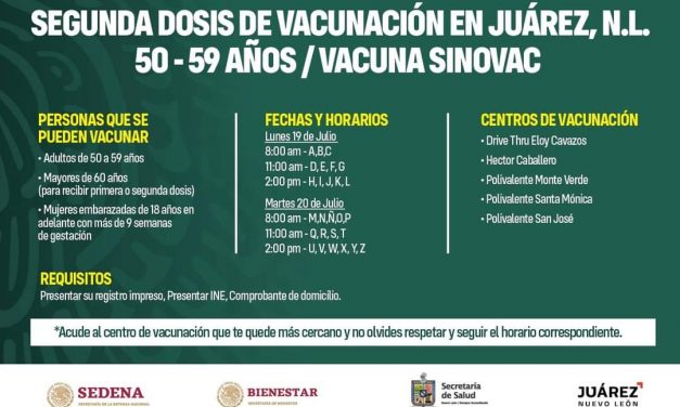 ATENCIÓN EN JUÁREZ YA HAY FECHAS PARA APLICAR LA SEGUNDA DOSIS DE LA VACUNA CONTRA EL COVID