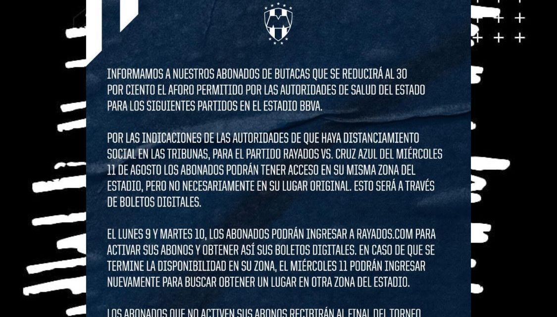 RAYADOS ANUNCIA OFICIALMENTE QUE REDUCIRÁN EL AFORO A 30%