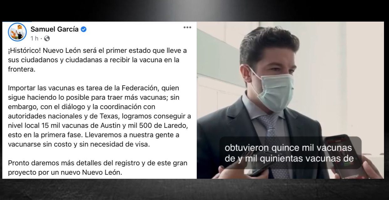 LA VACUNACIÓN PARA TRABAJADORES DE NUEVO LEÓN EN TEXAS, SIN DUDA REPRESENTA EL LOGRO MÁS IMPORTANTE DE SAMUEL GARCÍA EN SU ETAPA DE GOBERNADOR ELECTO, UN APLAUSO PARA ÉL