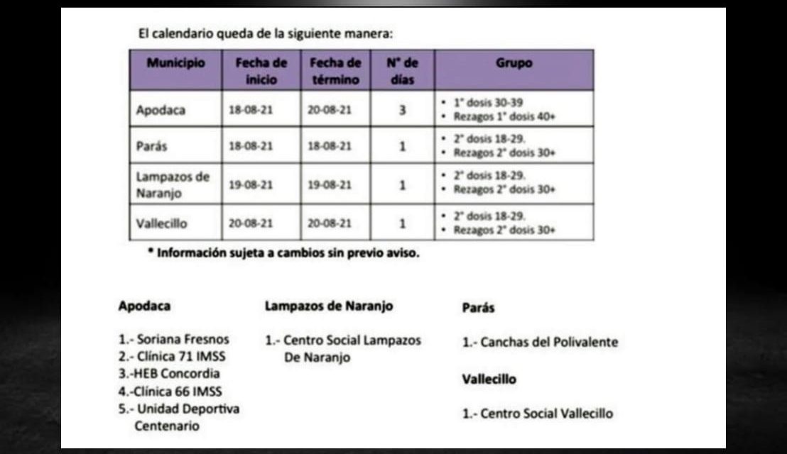 ANUNCIAN VACUNACIÓN PARA LOS DE 30 a 39 AÑOS EN APODACA Y OTROS TRES MUNICIPIOS RURALES