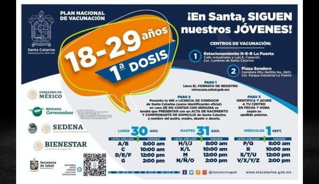 EL LUNES DARÁ INICIO LA JORNADA DE VACUNACIÓN DE 18 A 29 Y REZAGADOS MAYORES DE 30 EN EL MUNICIPIO DE SANTA CATARINA