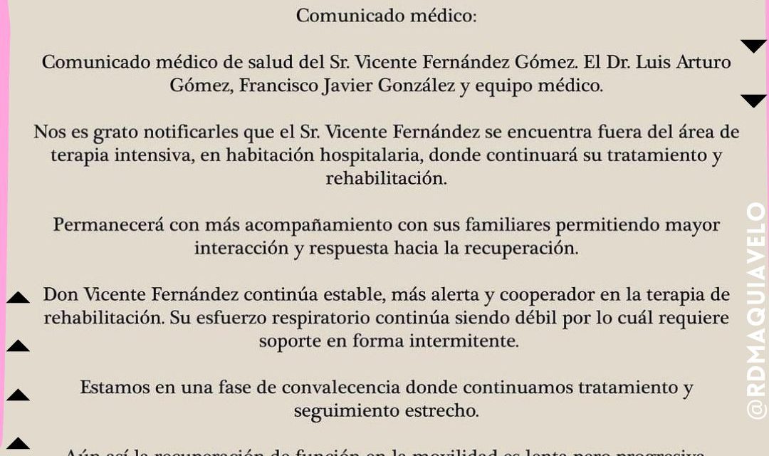 TENEMOS CHARRO PARA RATO; FINALMENTE VICENTE FERNÁNDEZ DEJA EL ÁREA DE TERAPIA INTENSIVA PARA CONTINUAR CON SU RECUPERACIÓN EN EL HOSPITAL