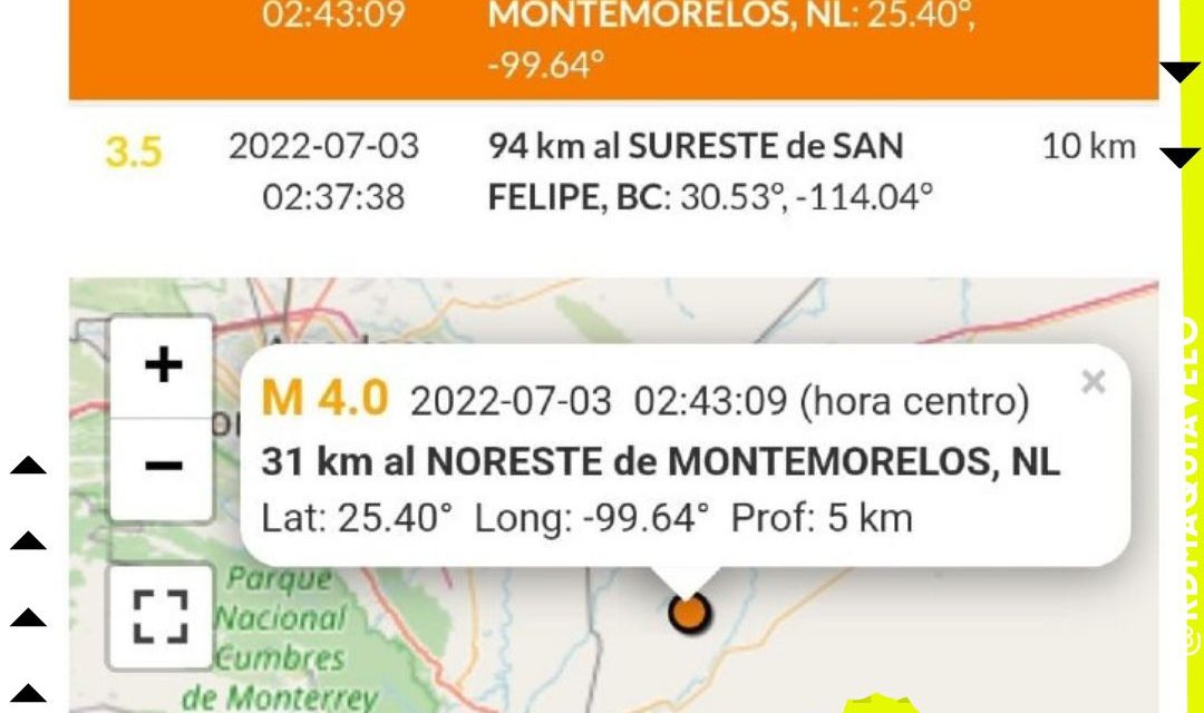 GENERAL TERÁN Y MONTEMORELOS REPORTA UN TEMBLOR DE 4.0 GRADOS ESCALA RICHTER