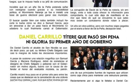 Promesas, promesas, y más promesas, es lo que no esperaban en Santiago con David de la Peña, sin embargo, tal parece que esto no será así, ya que a la fecha sigue falta desarrollo, obras y demás en el Pueblo Mágico. San Nicolás, no canta mal las rancheras, y Daniel Carrillo sigue la misma línea de hacer trabajo sencillo y visible, en vez de apostarle a obras que realmente dejen un beneficio verdadero para la ciudadanía.