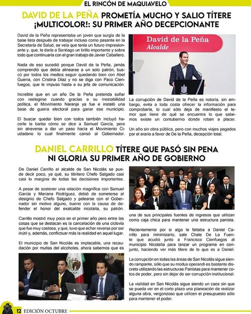 Promesas, promesas, y más promesas, es lo que no esperaban en Santiago con David de la Peña, sin embargo, tal parece que esto no será así, ya que a la fecha sigue falta desarrollo, obras y demás en el Pueblo Mágico. San Nicolás, no canta mal las rancheras, y Daniel Carrillo sigue la misma línea de hacer trabajo sencillo y visible, en vez de apostarle a obras que realmente dejen un beneficio verdadero para la ciudadanía.