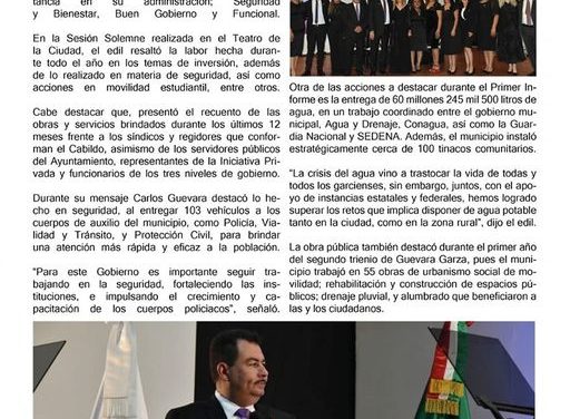 En García, Carlos Guevara dio a conocer el resumen de su primer año de labores en el municipio donde destacó el apoyo a los estudiantes, los proyectos de inversión, así como en seguridad.