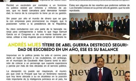 En Monterrey el panorama sigue siendo desolador con Luis Donaldo Colosio a la cabeza en cuestión de obras y trabajo en beneficio para la ciudadanía, que decir de los proyectos que se esperan a futuro, ¿corregirá el rumbo? De igual manera en el municipio de Escobedo, tal parece que a Andrés Mijes sigue en la luna literalmente, pues no se ha visto un gran avance en aquellas tierras, la ciudadanía esta cansada de ver que no se haga nada y tal parece ya no se quedarán callados.