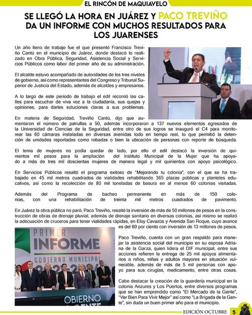 Un Juárez llenó de cambios y con gran futuro por delante con Paco Treviño, la labor del edil ha sido reconocida por sus habitantes quienes sin duda le tienen la mano para seguir cosechando resultados