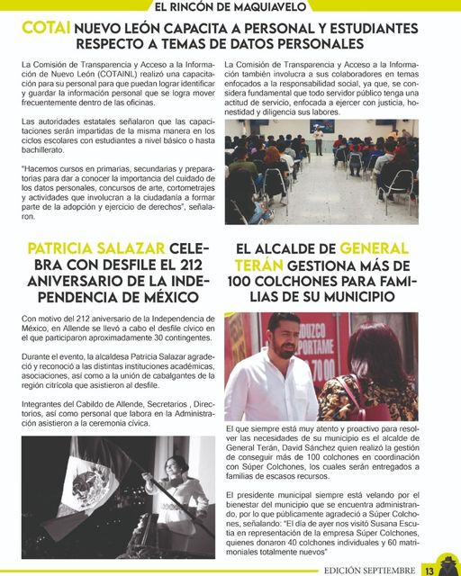 La transparencia es un tema que debe estar a la vanguardia en todos los municipios, por ello la INFO NL se empeña en brindar la información necesaria a todo el que la solicite.  En Allende de nueva cuenta volvió a sonar el tradicional “Viva México” en voz de Patricia Salazar, un evento que estuvo repleto de allendenses que acudieron a disfrutar la celebración.