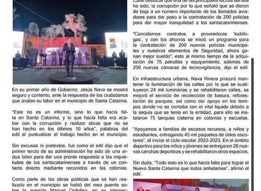 En Santa Catarina, Jesús Nava presumió el trabajo realizado el cual ha dejado grandes beneficios para la ciudadanía, en materia de seguridad, educación, ámbito social y sobre todo en combate a la corrupción.