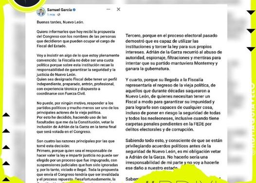 VETA SAMUEL GARCÍA DE LA TERNA PARA LA FISCALÍA A ADRIÁN DE LA GARZA
