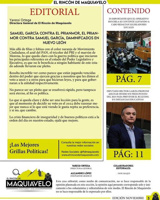 Mediante una iniciativa de ley el coordinador de la bancada del PRI, Heriberto Treviño busca que las escuelas públicas también cuenten con un servicio de gastos médicos como ocurre en las instituciones privadas, para con ello mejorar la atención de los menores en caso de accidente.  Mientras que Patricio Lozano, busca nuevas estrategias para que su municipio crezca de manera ordenada y así no batallar con problemas futuros.