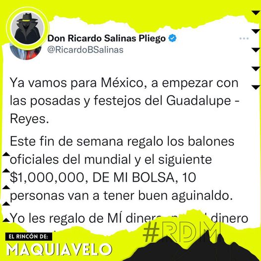 EMPRESARIO RICARDO SALINAS PREPARA SU REGALO NAVIDEÑO, DARÁ UN MILLÓN DE PESOS CON MOTIVO DE FESTEJOS GUADALUPE – REYES