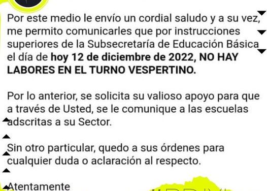 POR INSTRUCCIONES DE LA SUBSECRETARÍA DE EDUCACIÓN, SE DA LA TARDE LIBRE EN PREESCOLARES, PRIMARIAS Y SECUNDARIAS