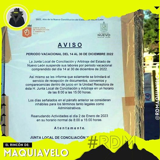 ¡NO SOLO GOBIERNO! JUNTA LOCAL DE CONCILIACIÓN Y ARBITRAJE TAMBIÉN SE VA DE VACACIONES