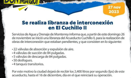 AGUA Y DRENAJE ANUNCIÓ QUE EL CUCHILLO II SUSPENDERÁ SUMINISTRO DE AGUA