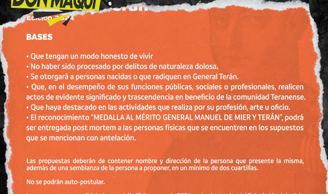 DAVID SÁNCHEZ INVITA A LA CONVOCATORIA “MEDALLA AL MÉRITO GENERAL MANUEL DE MIER Y TERÁN 2024”