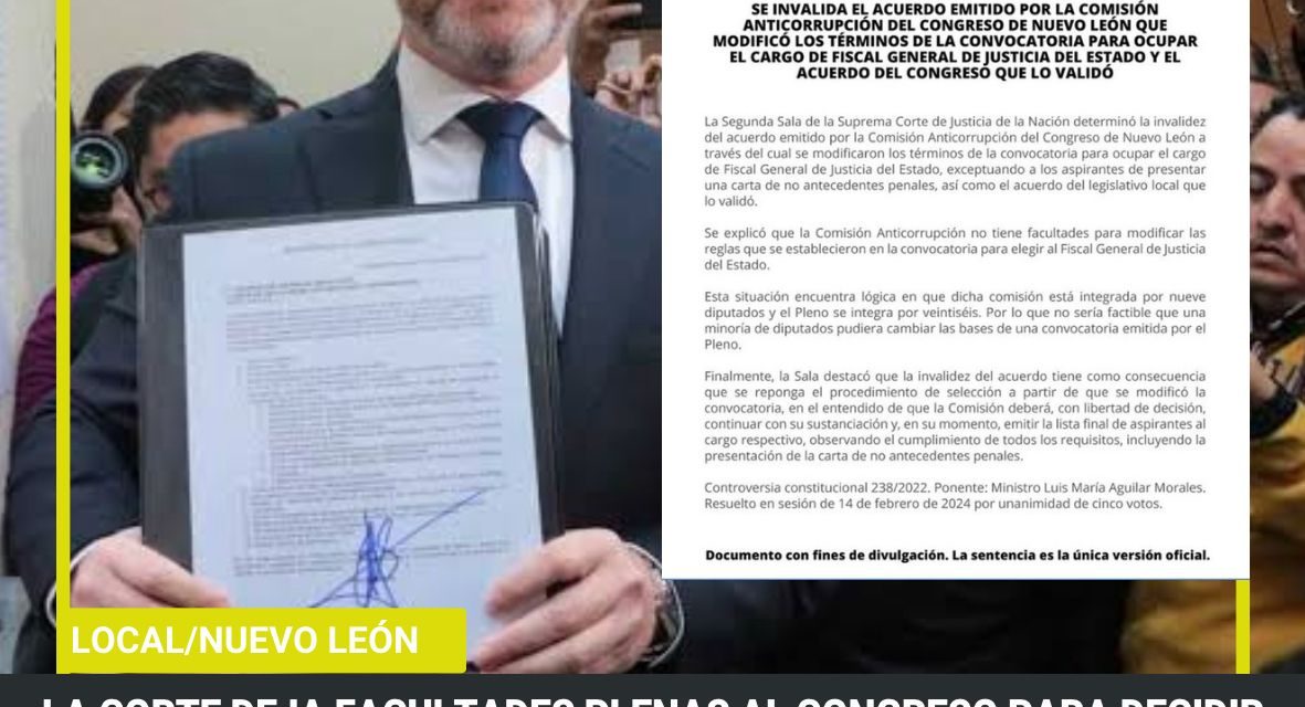 LA CORTE DEJA FACULTADES PLENAS AL CONGRESO PARA DECIDIR FINALISTAS PARA TERNA DEL FISCAL GENERAL EN LA ENTIDAD (LÉASE ADRIÁN DE LA GARZA PUEDE SER EL ELEGIDO SIN NINGÚN OBSTÁCULO)