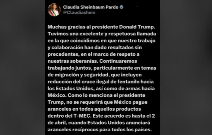 CLAUDIA SHEINBAUM CELEBRA DECISIÓN DE DONALD TRUMP SOBRE ARANCELES A MÉXICO