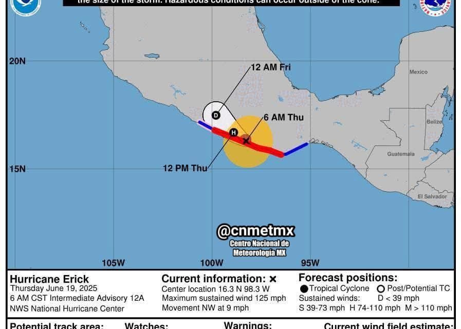 HURACÁN “ERICK” TOCÓ TIERRA EN OAXACA CON FUERZA CATEGORÍA 3 Y VIENTOS DE HASTA 205 KM/H