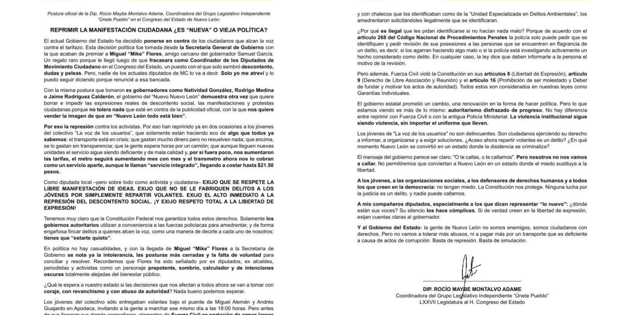 ROCÍO MONTALVO DENUNCIA “REPRESIÓN” DEL GOBIERNO DE NUEVO LEÓN CONTRA MANIFESTANTES