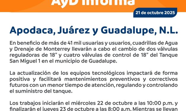 AGUA Y DRENAJE ANUNCIA CORTE DE AGUA DE 10 HORAS EN COLONIAS DE GUADALUPE, JUÁREZ Y APODACA