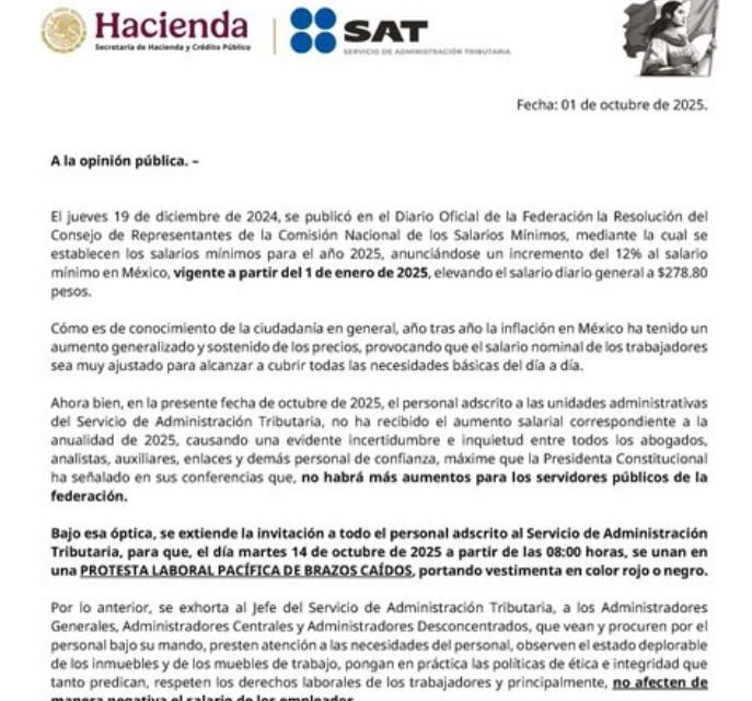 TRABAJADORES DEL SAT ANUNCIAN HOY PARO NACIONAL PARA EXIGIR AUMENTO SALARIAL