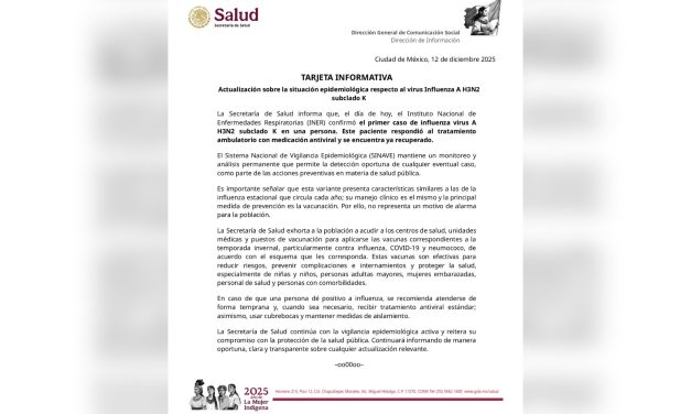 SECRETARÍA DE SALUD CONFIRMA PRIMER CASO DE INFLUENZA A H3N2 SUBCLADO K SIN RIESGO ALARMA