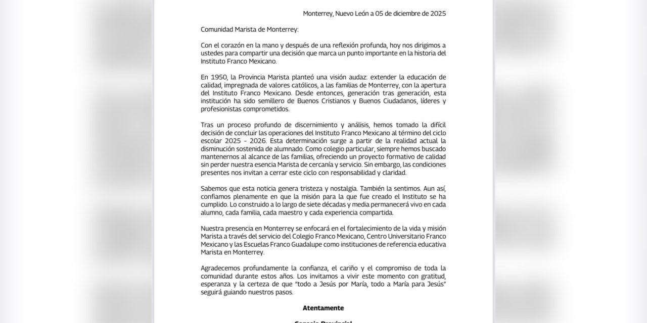 INSTITUTO FRANCO MEXICANO ANUNCIA CIERRE DEFINITIVO TRAS 75 AÑOS EN SAN PEDRO