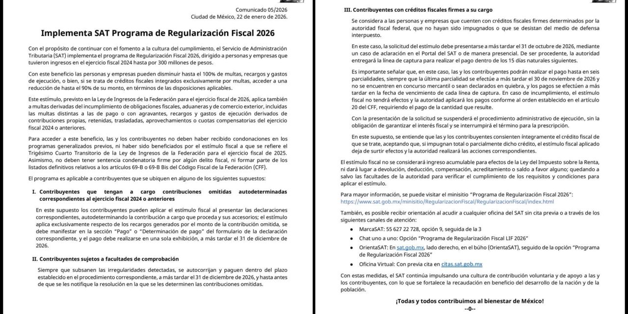SAT ACTIVA PROGRAMA DE REGULARIZACIÓN FISCAL 2026 PARA CONTRIBUYENTES