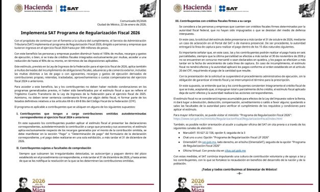 SAT ACTIVA PROGRAMA DE REGULARIZACIÓN FISCAL 2026 PARA CONTRIBUYENTES