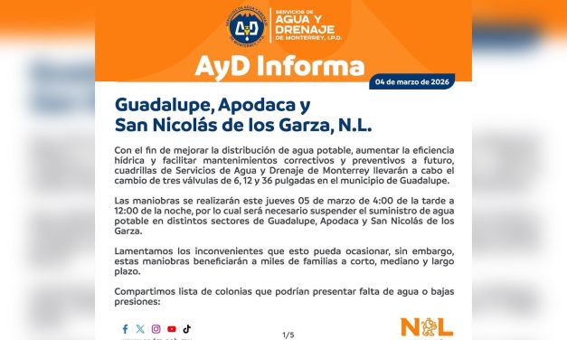 SERVICIOS DE AGUA Y DRENAJE SUSPENDERÁ SUMINISTRO EN MÁS DE 200 COLONIAS DEL ÁREA METROPOLITANA